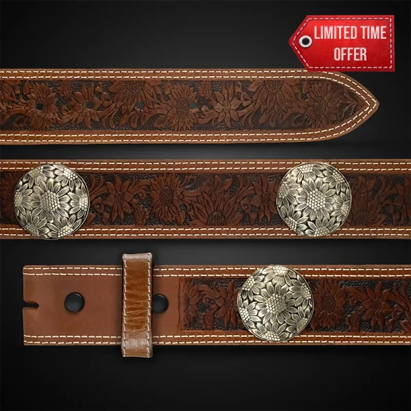 The Willow Concho Western Leather Belt lets you customize with 6 conchos of your choice. Crafted with double-lined top-grain leather for durability & longevity.